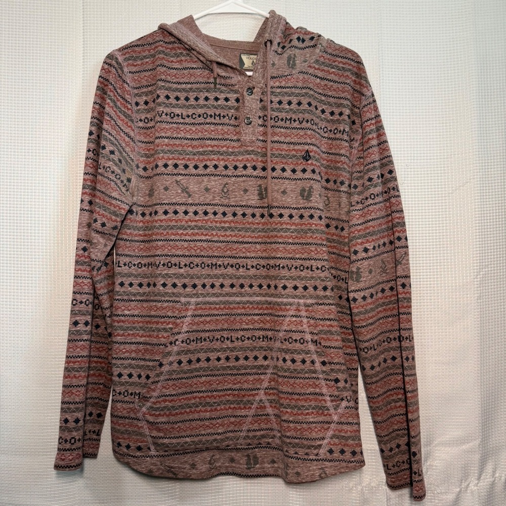 Volcom Henley Hoodie Medium Mauve Geometric Southwestern Print
